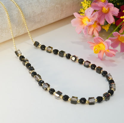 Black Round Crystal Beads with Square Transparent Purple Crystals Choker Necklace