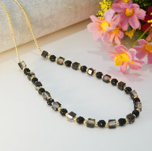 Black Round Crystal Beads with Square Transparent Purple Crystals Choker Necklace