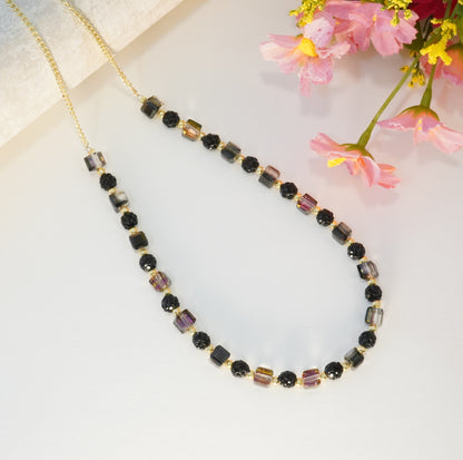 Black Round Crystal Beads with Square Transparent Purple Crystals Choker Necklace