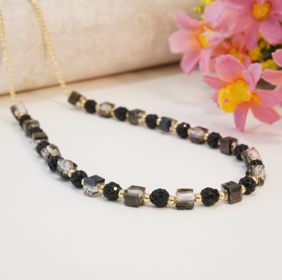 Black Round Crystal Beads with Square Transparent Purple Crystals Choker Necklace