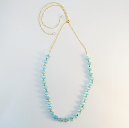 Aqua Blue and Gold Glass Beaded Choker Necklace