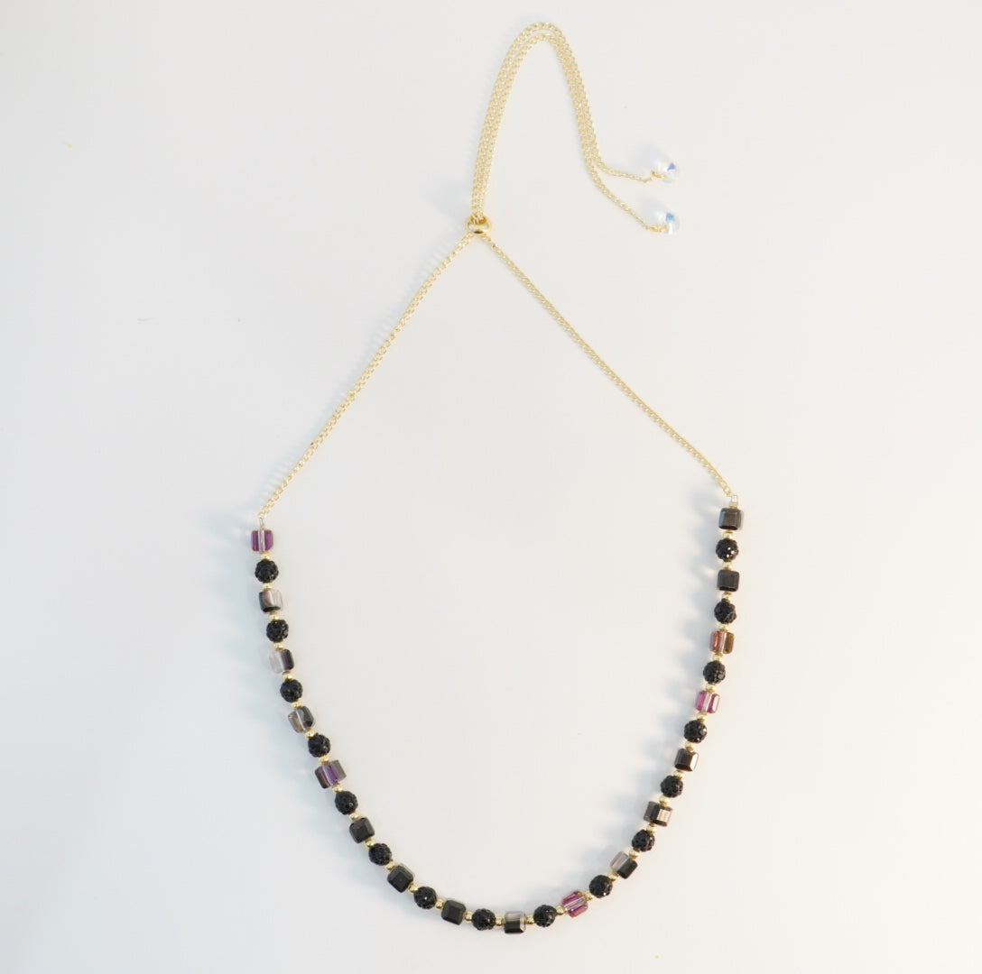 Black Round Crystal Beads with Square Transparent Purple Crystals Choker Necklace