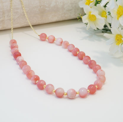 Peachy Pink and Gold Glass Beaded Choker Necklace