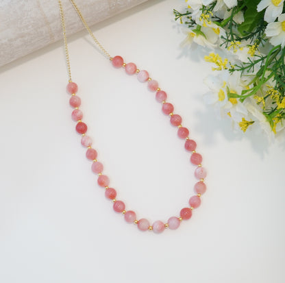 Peachy Pink and Gold Glass Beaded Choker Necklace