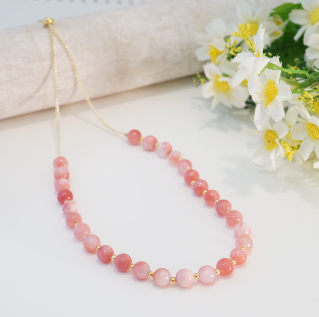 Peachy Pink and Gold Glass Beaded Choker Necklace