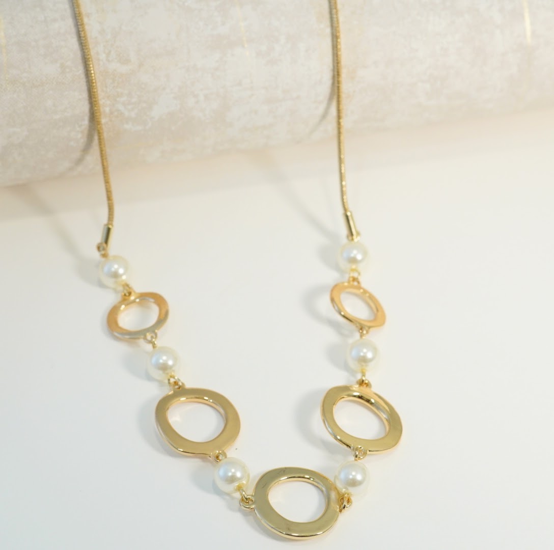 Elegant Linear Series Rings and Pearls 18K Gold Plated Chain Necklace