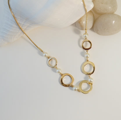 Elegant Linear Series Rings and Pearls 18K Gold Plated Chain Necklace