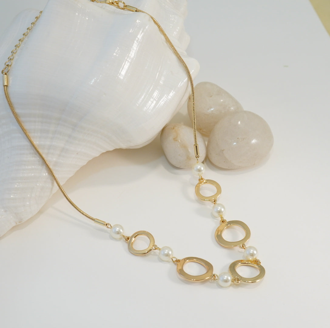 Elegant Linear Series Rings and Pearls 18K Gold Plated Chain Necklace