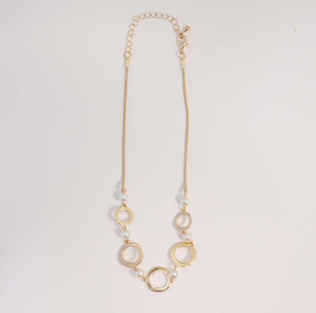 Elegant Linear Series Rings and Pearls 18K Gold Plated Chain Necklace