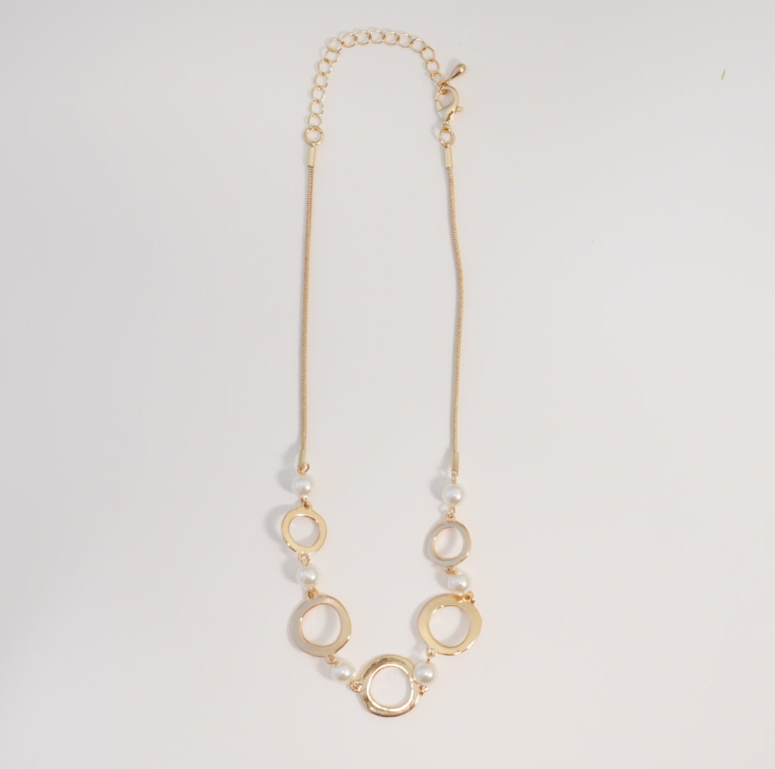 Elegant Linear Series Rings and Pearls 18K Gold Plated Chain Necklace