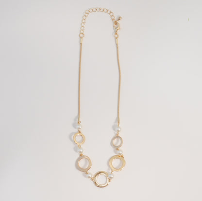 Elegant Linear Series Rings and Pearls 18K Gold Plated Chain Necklace