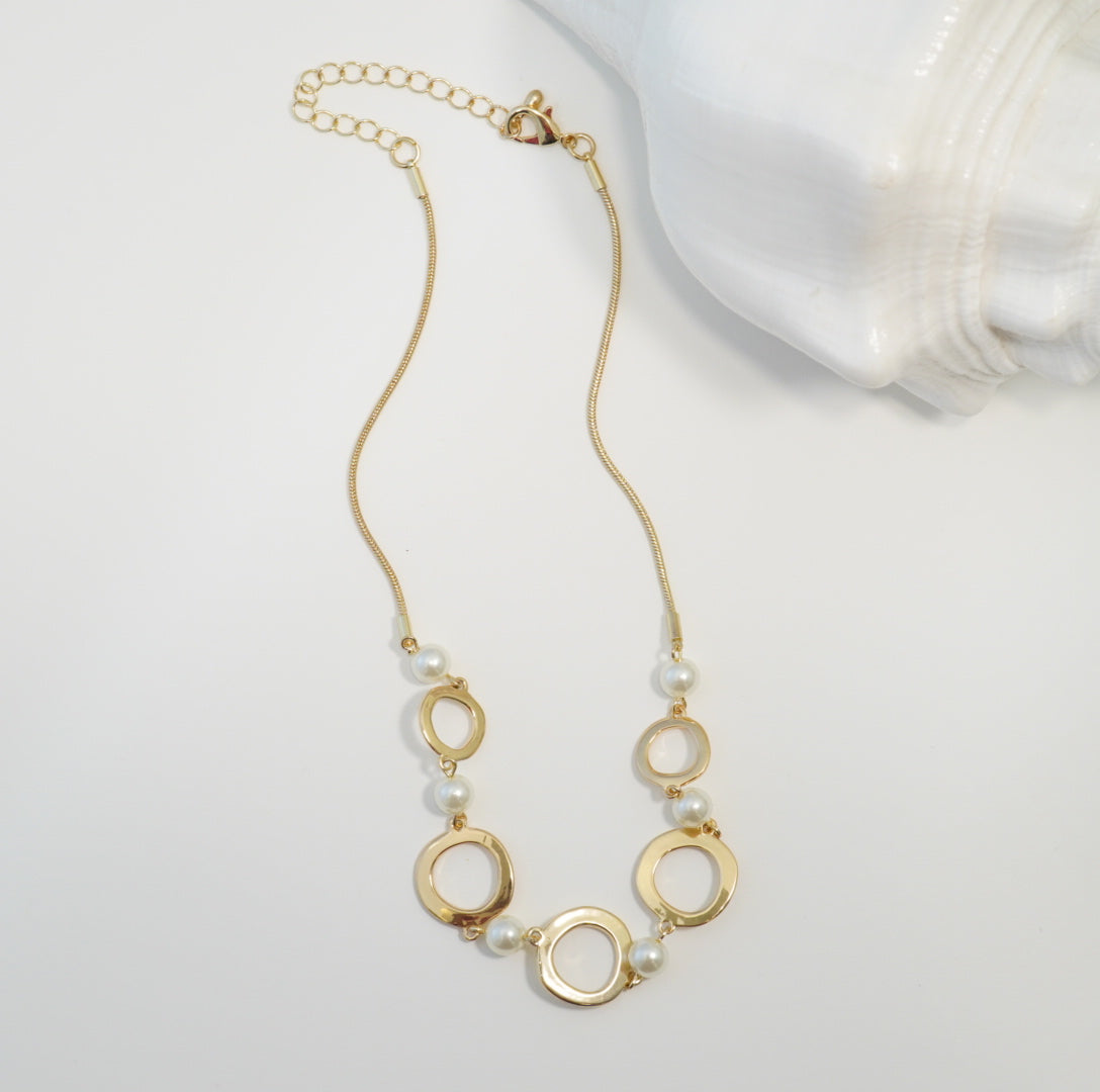 Elegant Linear Series Rings and Pearls 18K Gold Plated Chain Necklace