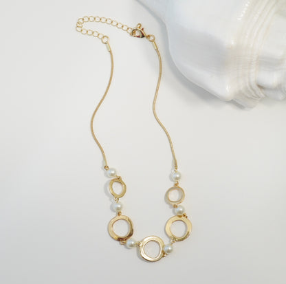 Elegant Linear Series Rings and Pearls 18K Gold Plated Chain Necklace