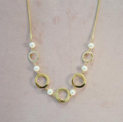 Elegant Linear Series Rings and Pearls 18K Gold Plated Chain Necklace