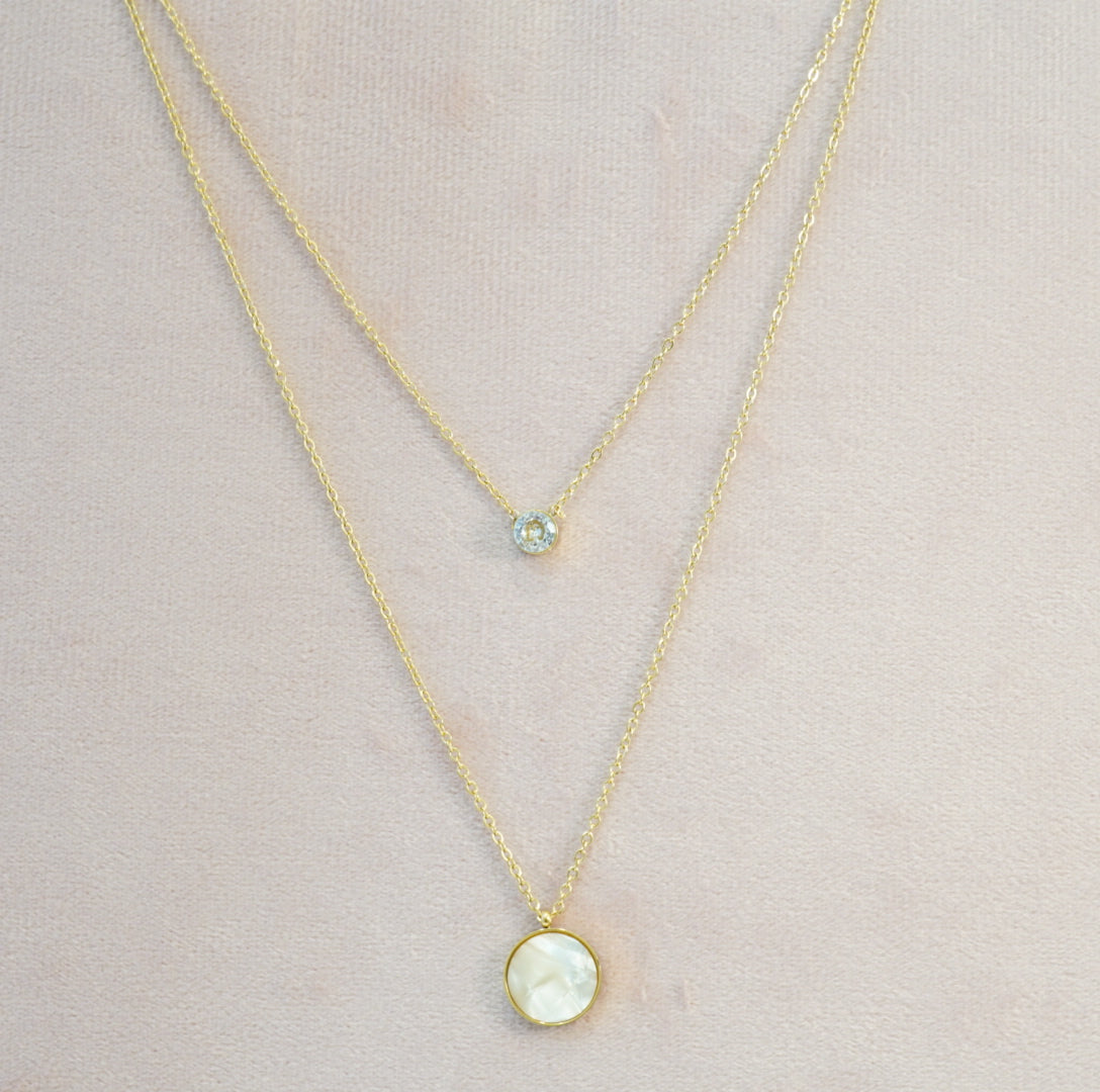 Circular Mother of Pearl & Zirconia Solitaire Pendant in 18K Gold Plated Multilayered Necklace