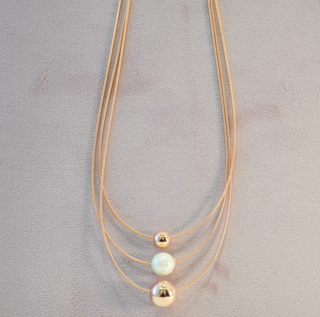 Pearl & Rose Gold Beads in 3 Layered Rose Gold Plated Necklace