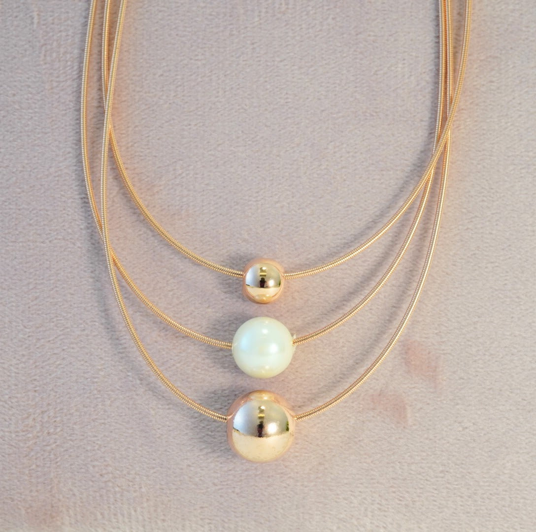 Pearl & Rose Gold Beads in 3 Layered Rose Gold Plated Necklace