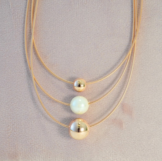 Pearl & Rose Gold Beads in 3 Layered Rose Gold Plated Necklace