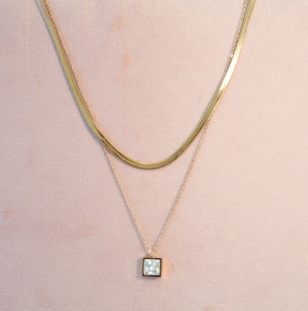 Zirconia Solitaire Rose Gold Plated Multilayer Necklace