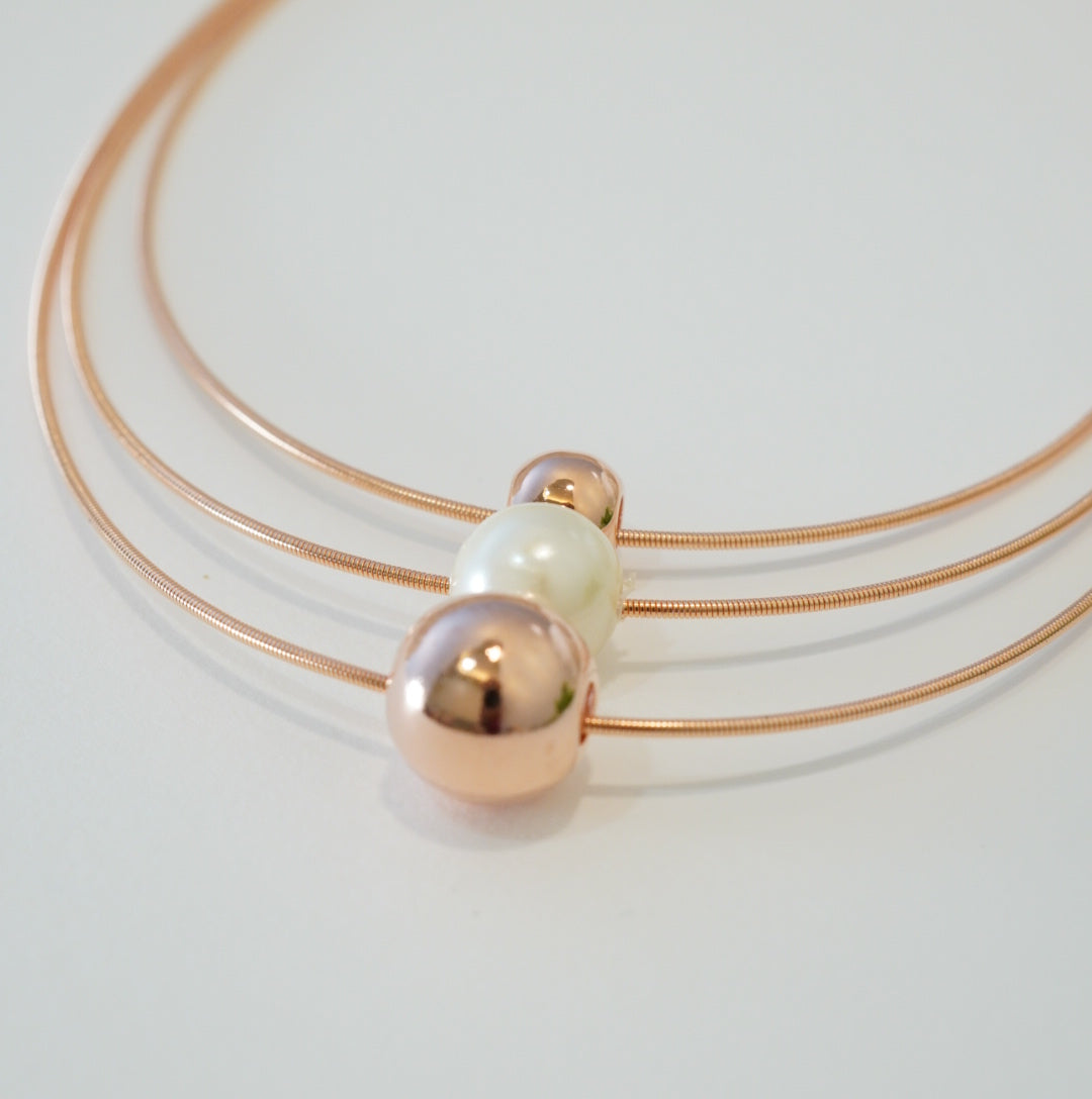 Pearl & Rose Gold Beads in 3 Layered Rose Gold Plated Necklace