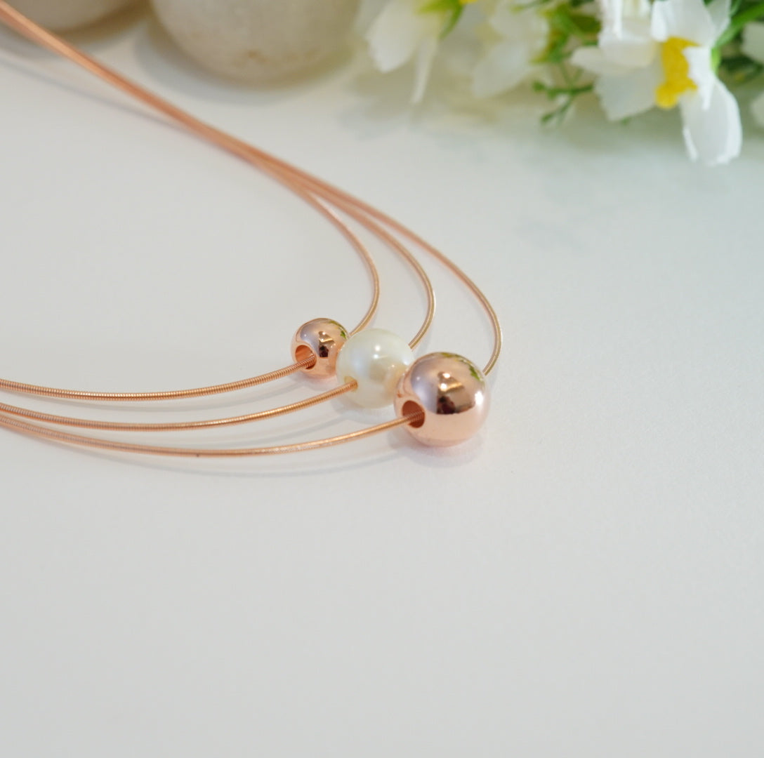 Pearl & Rose Gold Beads in 3 Layered Rose Gold Plated Necklace