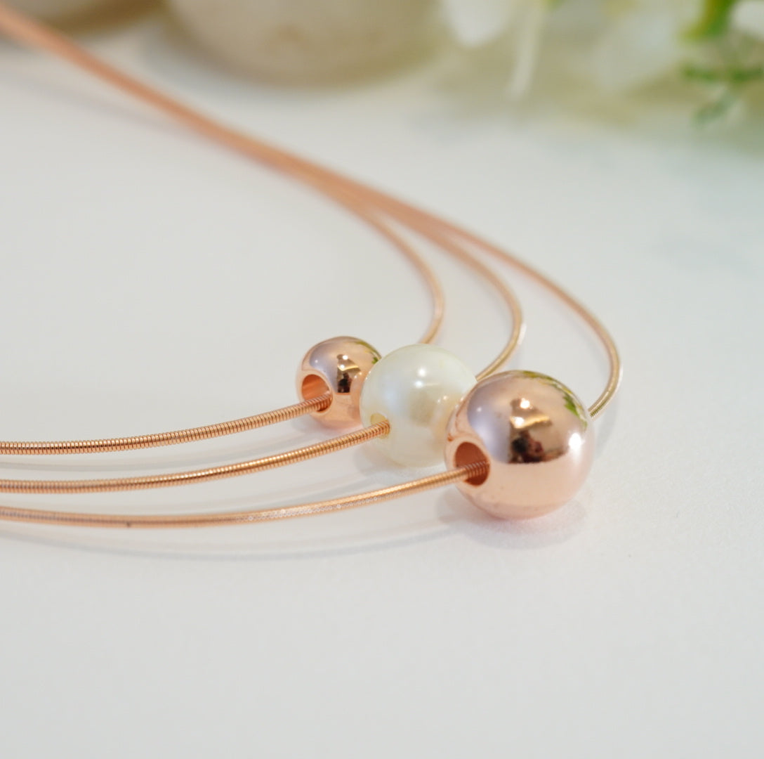 Pearl & Rose Gold Beads in 3 Layered Rose Gold Plated Necklace