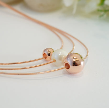 Pearl & Rose Gold Beads in 3 Layered Rose Gold Plated Necklace