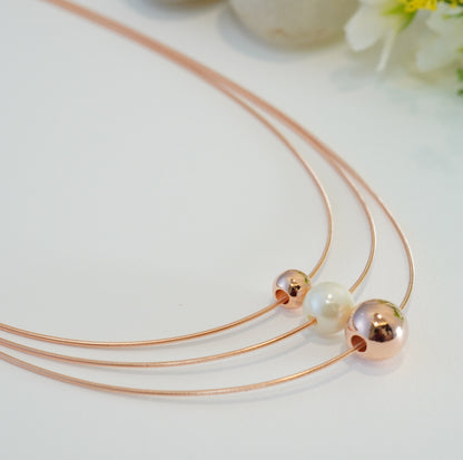 Pearl & Rose Gold Beads in 3 Layered Rose Gold Plated Necklace