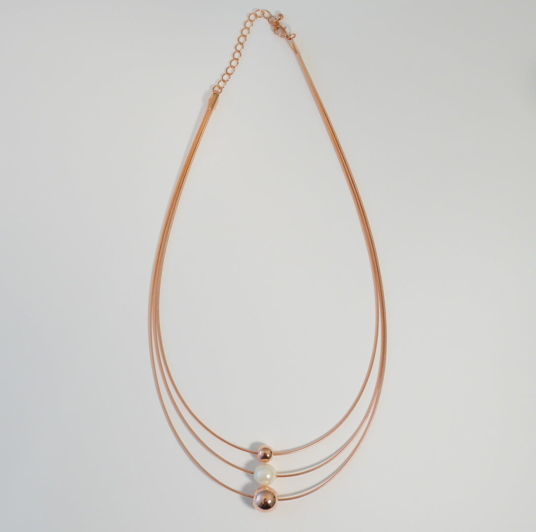 Pearl & Rose Gold Beads in 3 Layered Rose Gold Plated Necklace