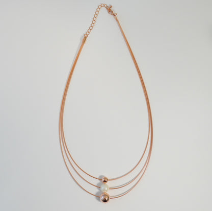 Pearl & Rose Gold Beads in 3 Layered Rose Gold Plated Necklace