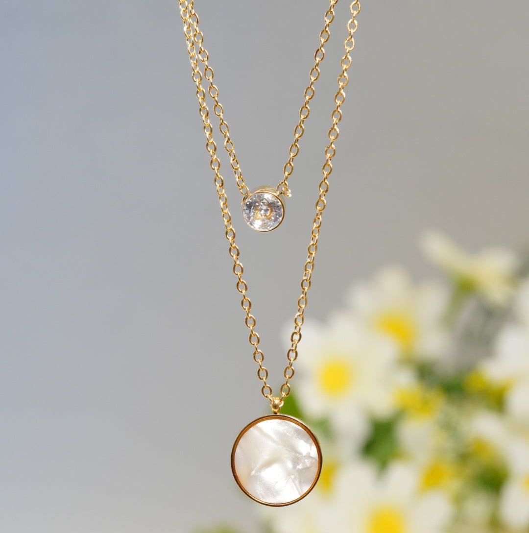 18K Gold-Plated Round MOP & Zirconia Multilayer Necklace