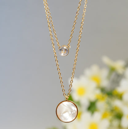 Circular Mother of Pearl & Zirconia Solitaire Pendant in 18K Gold Plated Multilayered Necklace