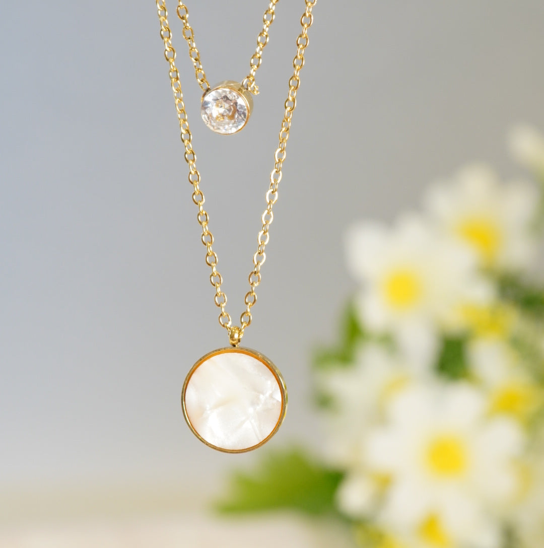 Circular Mother of Pearl & Zirconia Solitaire Pendant in 18K Gold Plated Multilayered Necklace