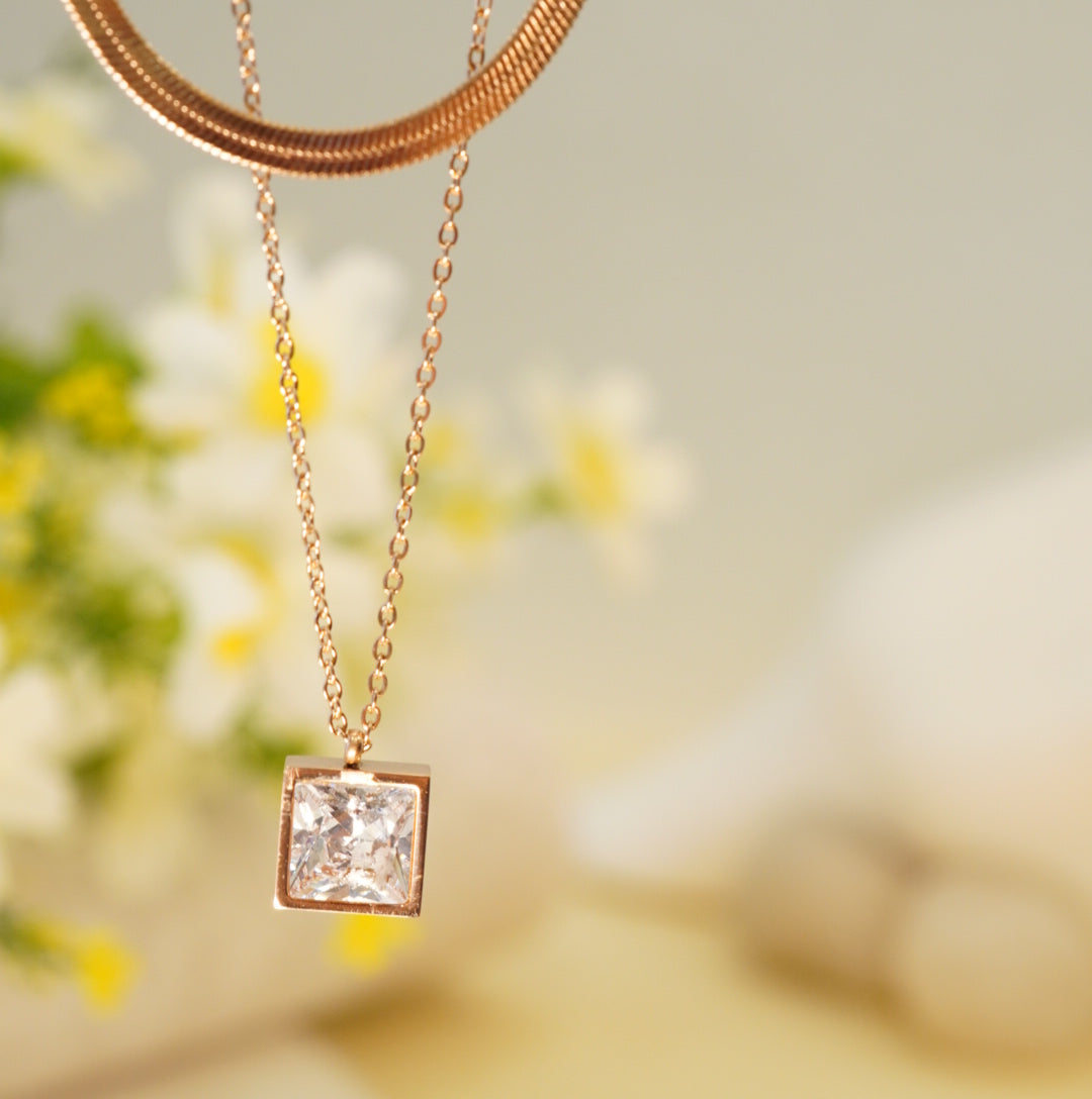 Zirconia Solitaire Multilayer Rose Gold Plated Pendant Necklace