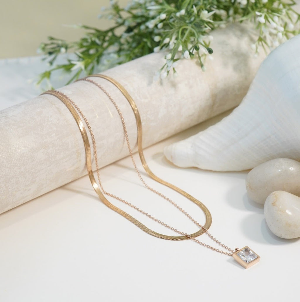 Zirconia Solitaire Rose Gold Plated Multilayer Necklace