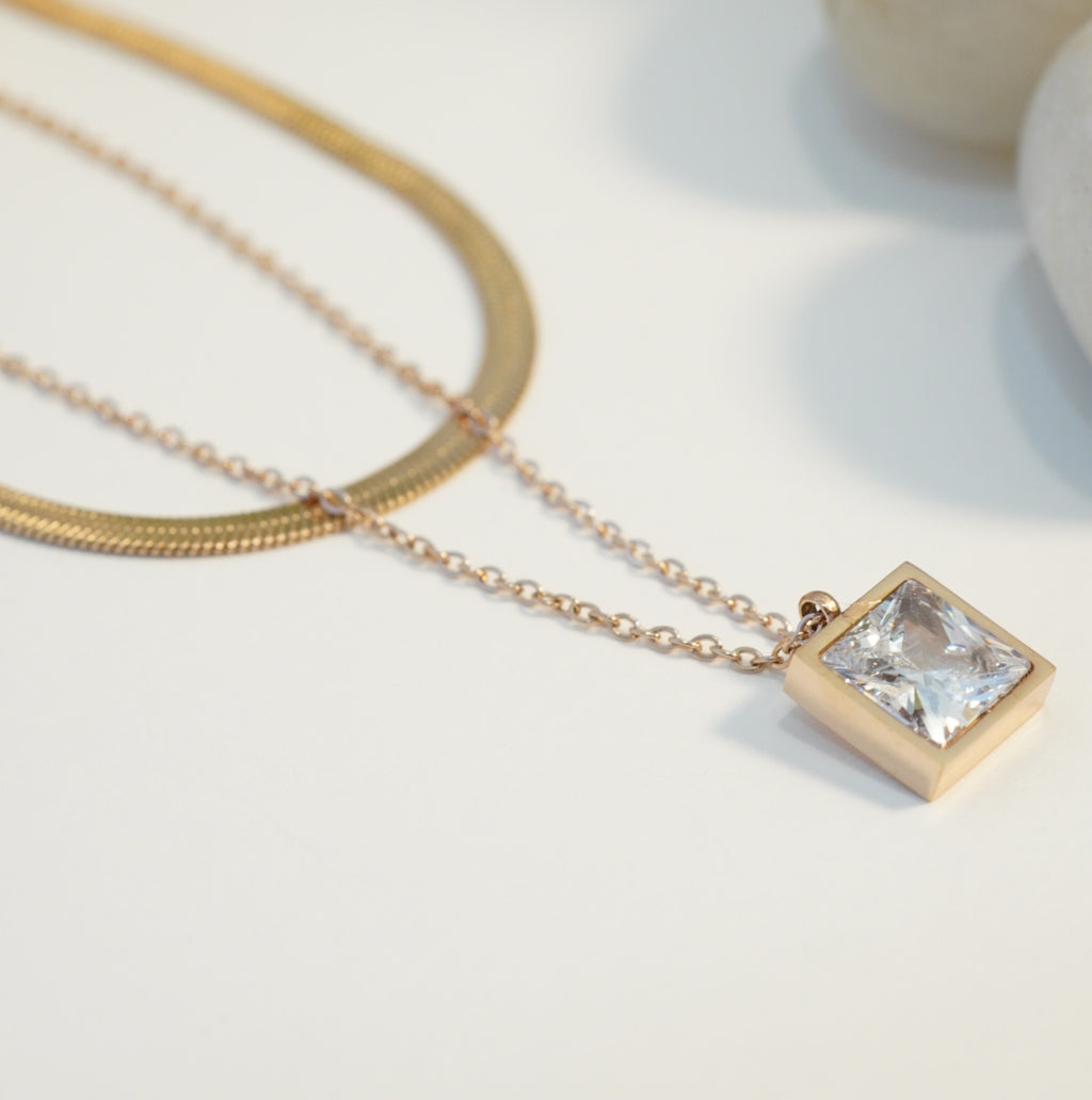 Zirconia Solitaire Rose Gold Plated Multilayer Necklace