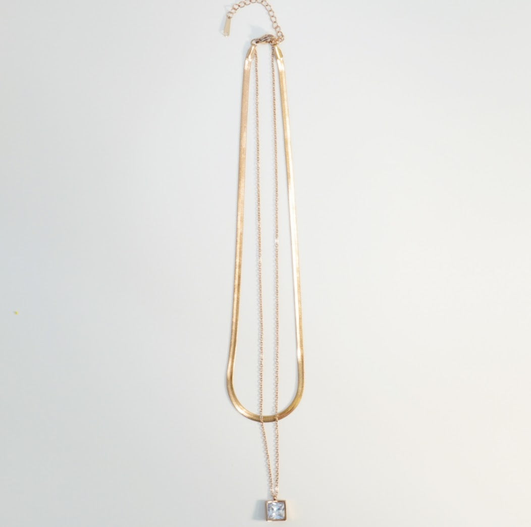 Zirconia Solitaire Rose Gold Plated Multilayer Necklace