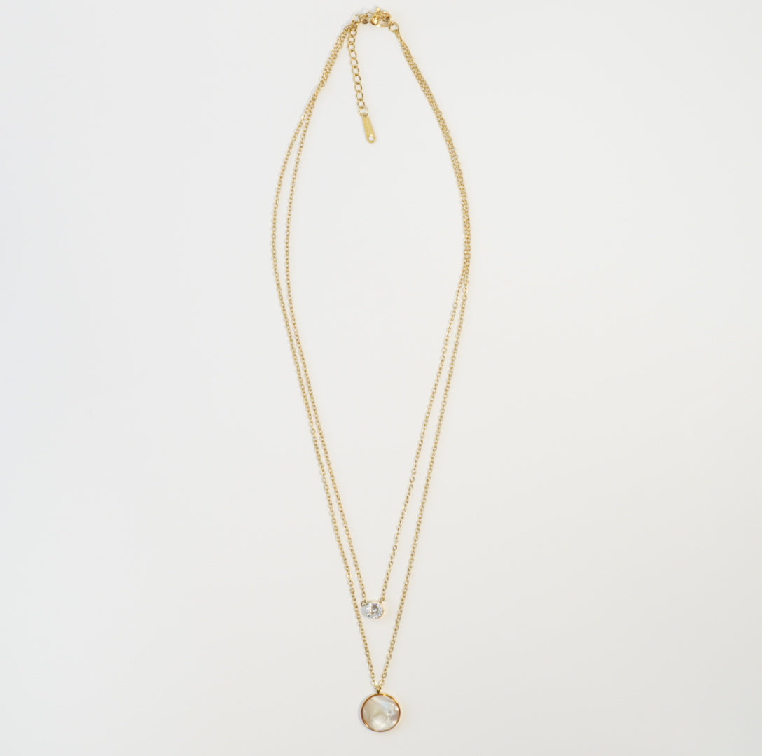 Circular Mother of Pearl & Zirconia Solitaire Pendant in 18K Gold Plated Multilayered Necklace