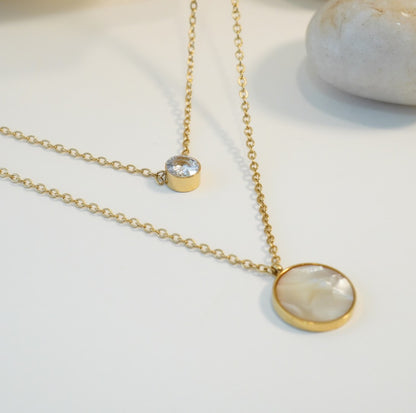 Circular Mother of Pearl & Zirconia Solitaire Pendant in 18K Gold Plated Multilayered Necklace