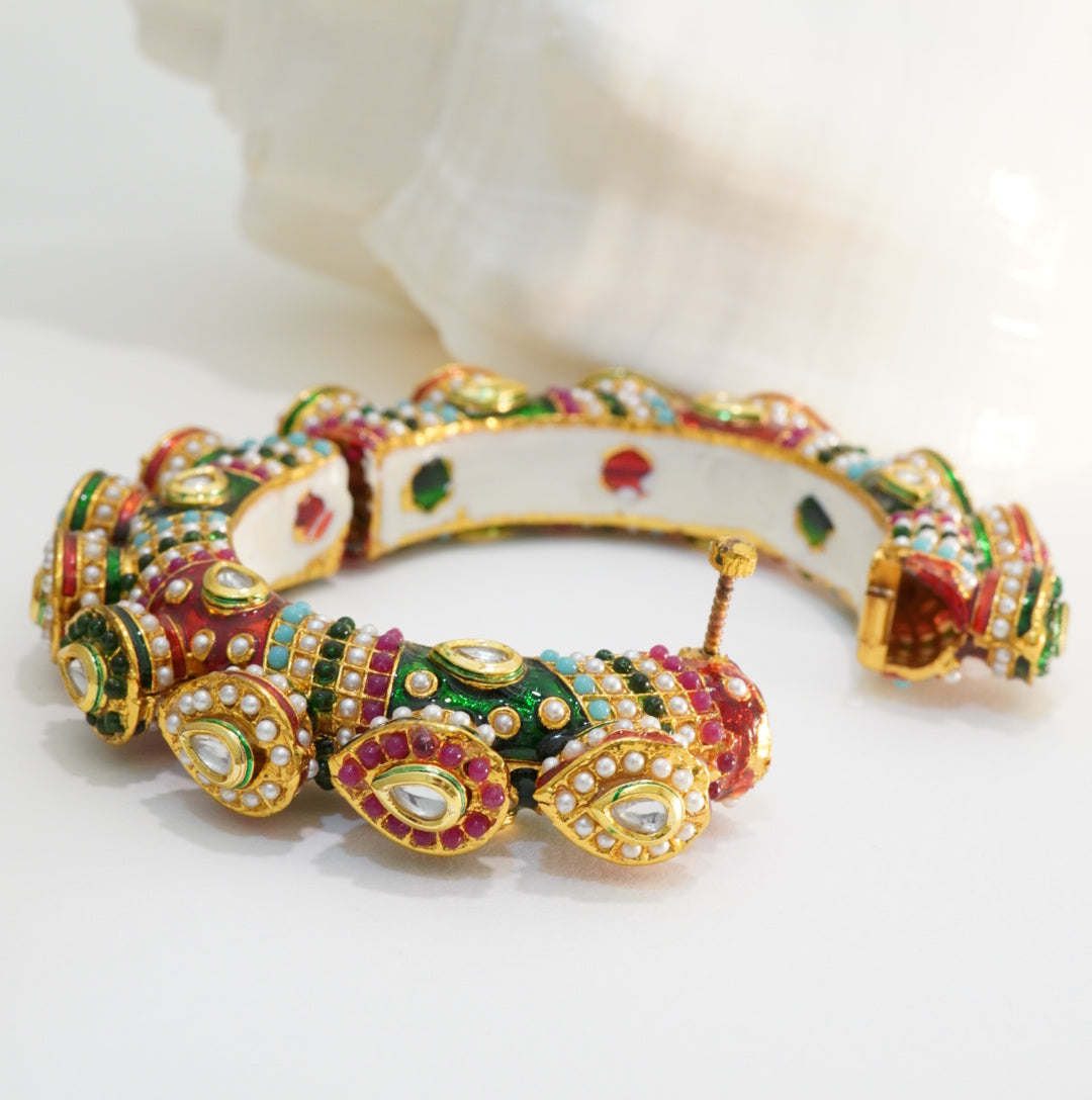 Handmade Multicolour Meenakari and Kundan Jadau Brass Alloy Traditional Kada Bangle