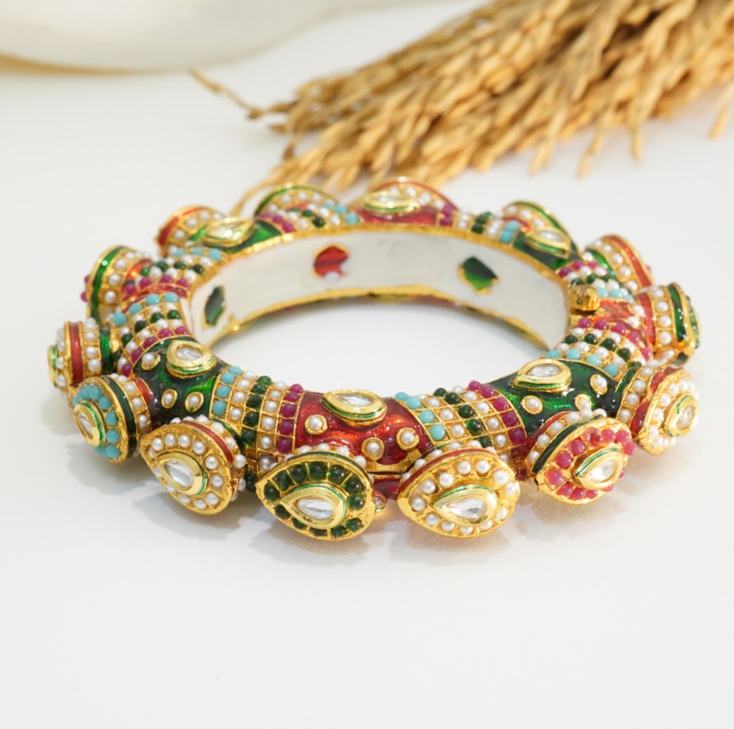 Handmade Multicolour Meenakari and Kundan Jadau Brass Alloy Traditional Kada Bangle