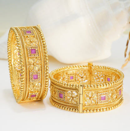 Golden Beaded Edged Ruby Studded Alternate Floral & Square Patterns Openable Traditional Broad Brass Kada in 22KT Gold Plating Matte Finish