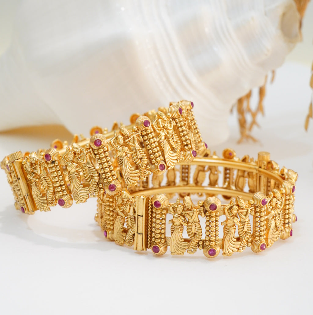 Radha Krishna Brass Openable 22KT Gold Plated Matte Finish Temple Kada