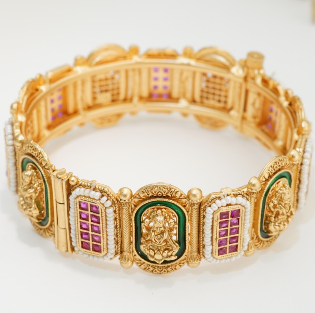 Meenakari & Jadau Ruby Studded Pearl Work Laxmi Temple Brass Kada in 22KT Gold Plating Matte Finish