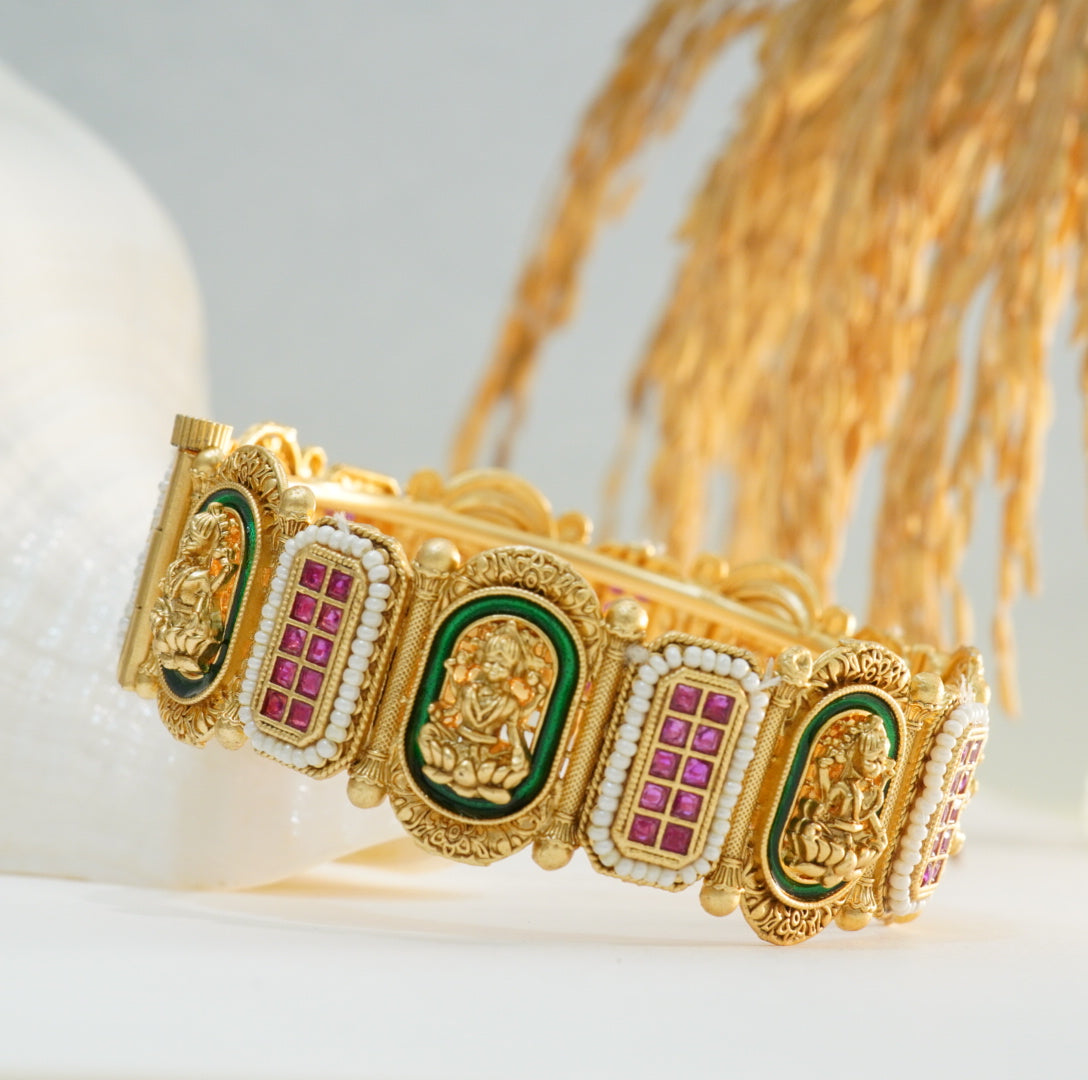 Meenakari & Jadau Ruby Studded Pearl Work Laxmi Temple Brass Kada in 22KT Gold Plating Matte Finish