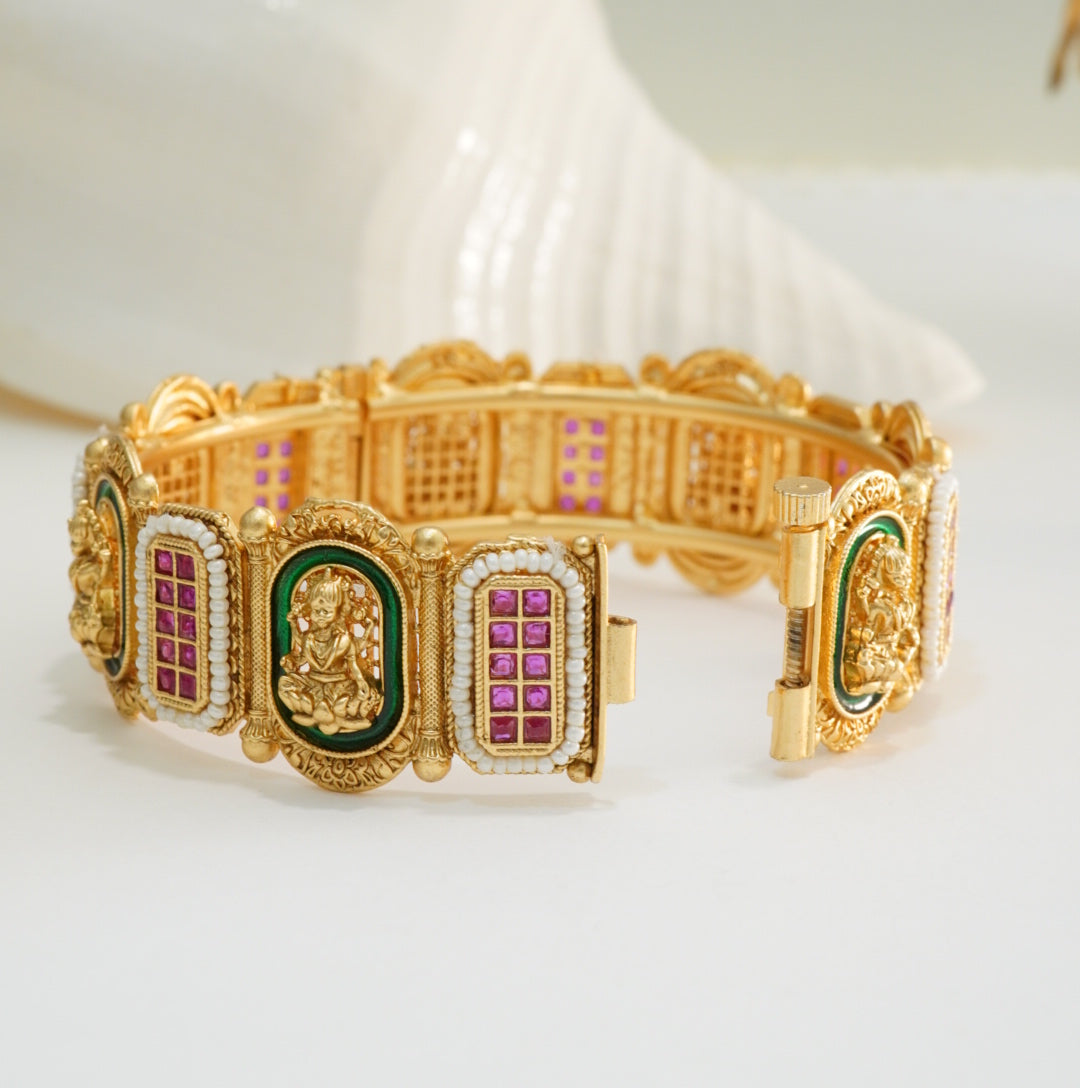 Meenakari & Jadau Ruby Studded Pearl Work Laxmi Temple Brass Kada in 22KT Gold Plating Matte Finish