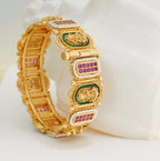 Meenakari & Jadau Ruby Studded Pearl Work Laxmi Temple Brass Kada in 22KT Gold Plating Matte Finish