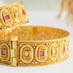 Kundan and Ruby Studded Jadau Openable 22KT Gold Plated Matte Finish Brass Kada