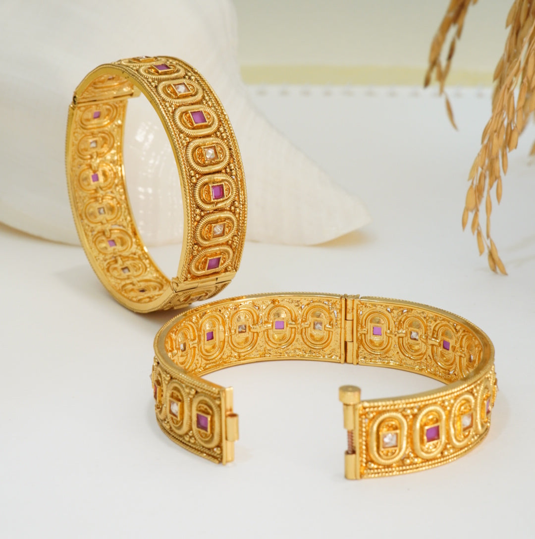 Kundan and Ruby Studded Jadau Openable 22KT Gold Plated Matte Finish Brass Kada