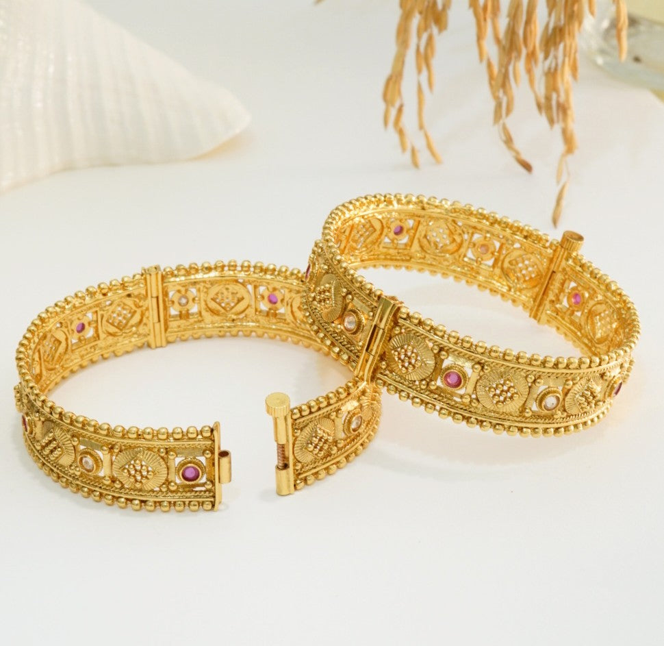 Golden Beaded Edged White & Red Stone Studded Traditional Openable Brass Kada in 22KT Gold Plating Matte Finish